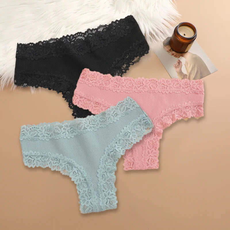 3Pcs Sexy Women Cotton Brazilian Pants Lace Brazilian Briefs Low Waist Floral Solid Color G-string Breathable Soft Lingerie