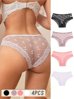 4PCS Lace Bikini Briefs Panties Women's Transparent Lingerie Sexy Female Underpants Floral Lace Perspective Waist Band Briefs
