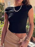 Women's O-neck Backless T-shirt Short Sleeve Solid Color Crop Top Summer Cute Baby Tee Y2K Clothes Bodycon Tunics Fashion Tank