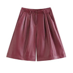 Burgundy Leather Wide Leg Shorts For Women High Waist With Pockets Stylish Daily Simple Casual Leather Button Zipper Shorts GQ6I