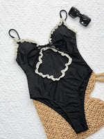 Sexy Black Patchwork One Piece Swimsuit 2026 Women Lace Trim Front Tie Hollow Out Bandage Cross Bathing Suit Holiday Swimwear