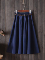 Midi Knee Length Summer Skirt Women With BeltFashion Korean Ladies High Waist Pleated A-line School Skirt Female