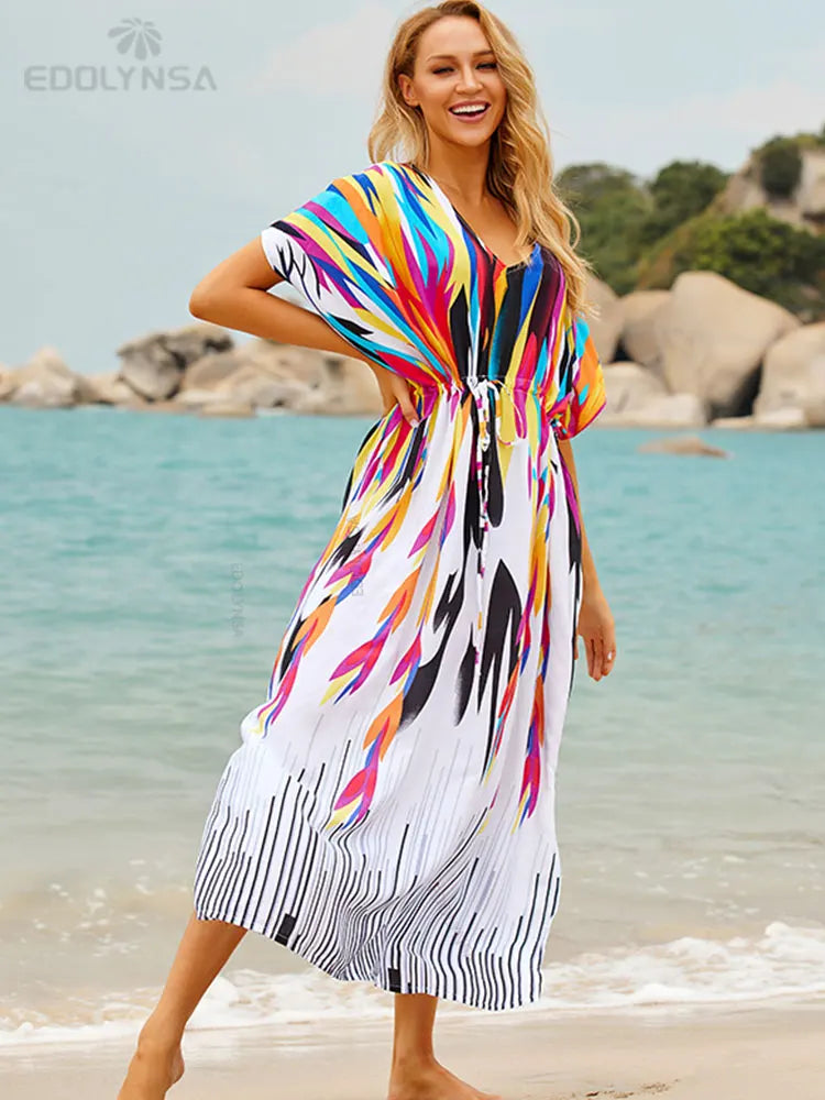 2026 Indie Folk Embroidered Short Sleeve Summer Dress Cotton Tunic Beach Kaftan Women Beachwear Swimsuit Cover Up Robe de plage