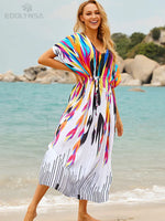 2026 Indie Folk Embroidered Short Sleeve Summer Dress Cotton Tunic Beach Kaftan Women Beachwear Swimsuit Cover Up Robe de plage