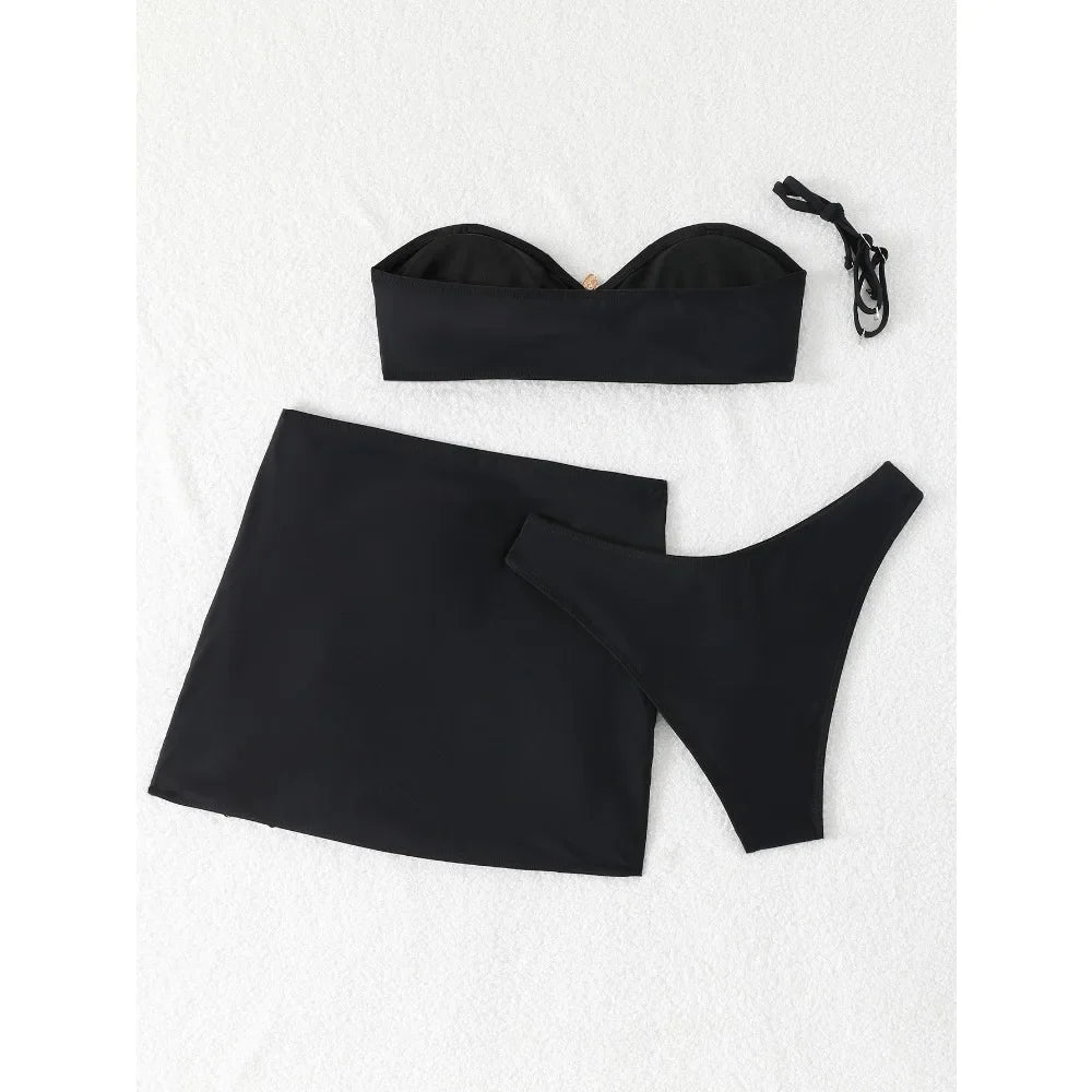 New White 3 Pieces Starfish Bandeau Bikini Set Swimsuit Women Swimwear with Sarong Skirts Dress Beach Wear Cut Out Bathing Suit
