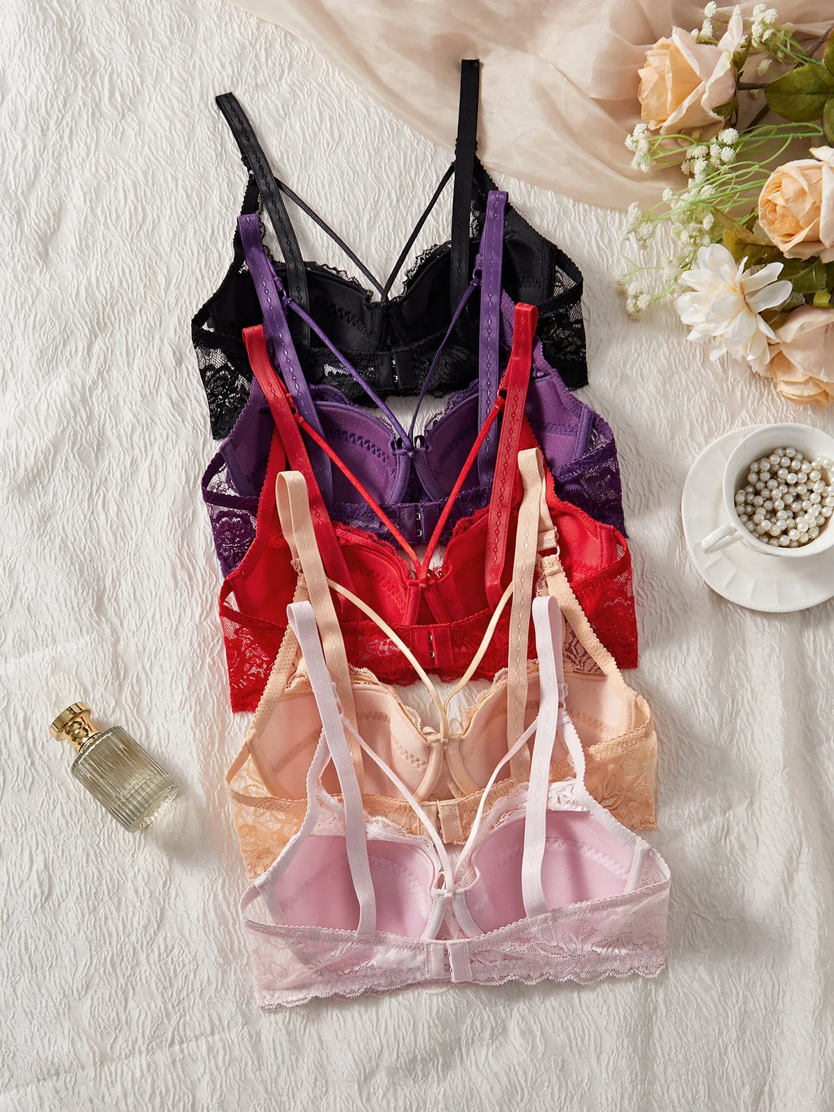 5PCS Lace Women's Underwear Set Hollow-out Lace Push up Bra Bow Breast Lift Band Sexy Bras Women Lingerie
