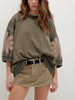 Mineral Wash Raw Seam Patchwork Flower Patched 3/4 Sleeve Loose Top test