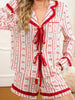 Floral Heart Bow Print Contrast Trim Long Sleeve Shirt Pajama Short Set