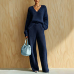 Women's Fluffy V-Neck Oversized Sweater & Wide-Rib Wide-Leg Knit Trouser Set