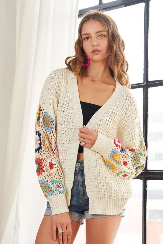 ADORA Full Size Contrast Crochet Open Front Long Sleeve Cardigan - Shopimist