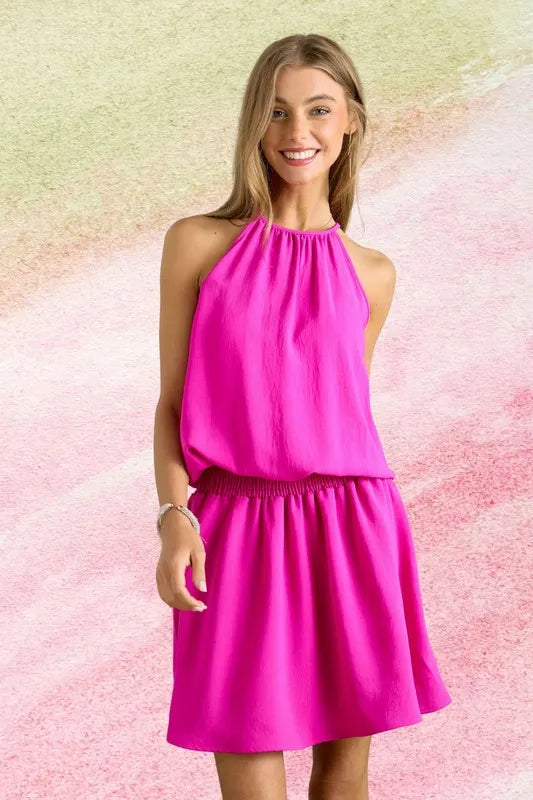 ADORA Halter Neck Smocking Waist Dress - Shopimist