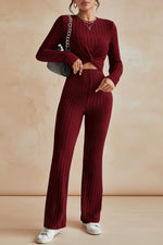 Women's Twist-Front Crop Top & Wide-Leg Ribbed Knit Set – 3 Colors