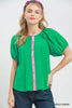 Umgee Contrast Trim Button Front Puff Sleeve Blouse