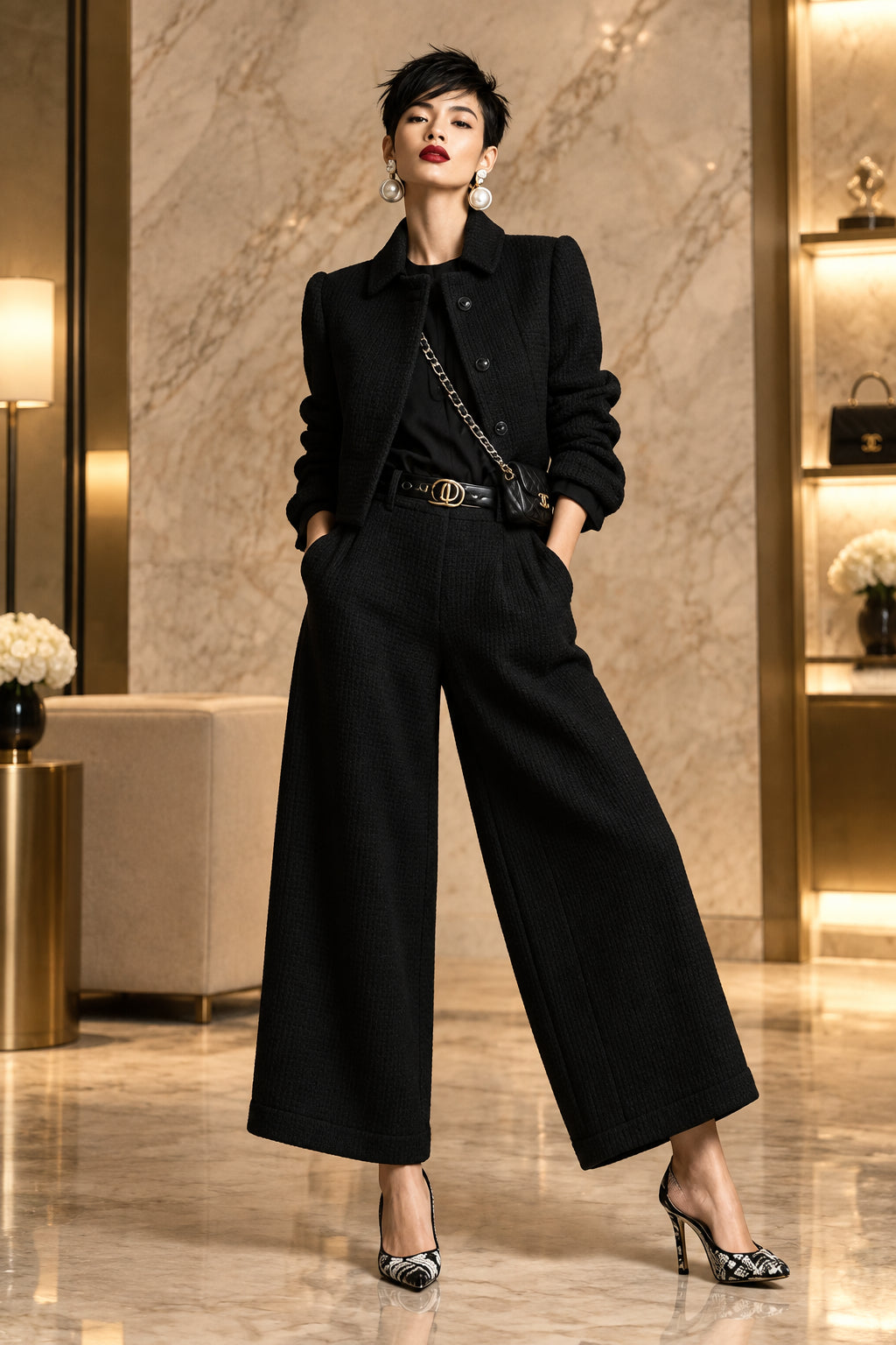 Women's Textured Cropped Jacket & Wide-Leg Pants Set
