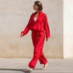 Women's Satin-Finish Zip Track Jacket & Wide-Leg Pants Set