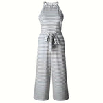 Women's Striped Halter Neck Jumpsuit with Self-Tie Belt & Wide-Leg Crop