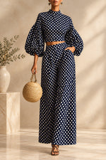 Women's 2-Piece Polka Dot Set – Lantern-Sleeve Mock-Neck Crop Top & High-Waisted Wide-Leg Trouser