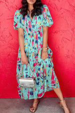 Abstract Print Short Puff Sleeve Tiered Maxi Dress - Shopimist