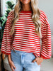 Striped Print Drop Shoulder Lace Trim Loose Top test