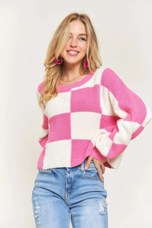 ADORA Plus Size Comfy Checkered Colorblock Sweater Top - Shopimist