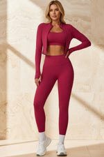 Women's High-Waist 3-Piece Athletic Set – Long Sleeve Jacket, Sports Bra & Leggings