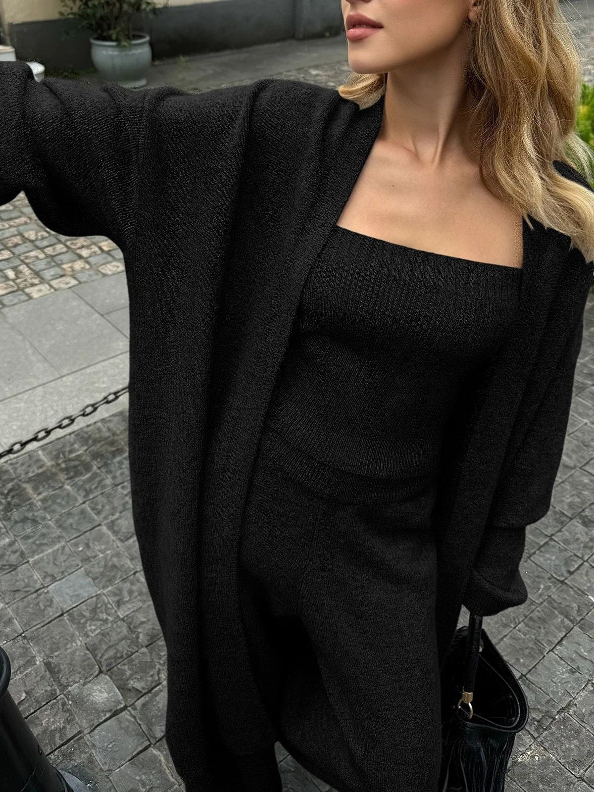 Women's 3-Piece Knit Set – Longline Cardigan, Square-Neck Ribbed Tube Top & Wide-Leg Trouser – 4 Colors, S–2XL