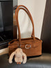 Vintage Buckle Decor Shoulder Bag with Plush Charm