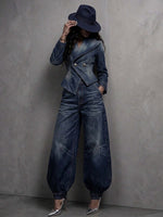 Women's Washed Distressed Denim Asymmetric Double-Breasted Jacket & Balloon-Leg Trouser Set