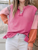 Corded Texture Plaid Color Block Patchwork Split Neck Long Sleeve Top test