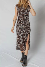 Abstract Print Mesh Cowl Neck Cap Sleeve Ruched Midi Dress with Slit - Shopimist