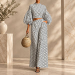 Women's 2-Piece Polka Dot Set – Lantern-Sleeve Mock-Neck Crop Top & High-Waisted Wide-Leg Trouser