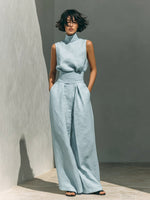 Women's Linen-Blend High-Neck Sleeveless Top & Wide-Leg Pants Set