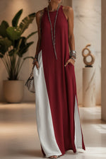 Off-Shoulder Color-Block Flared Maxi Dress with Pockets