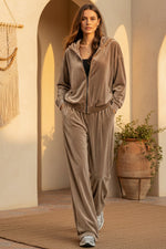 Women's Velvet Zip-Up Hoodie & Wide-Leg Pants Set