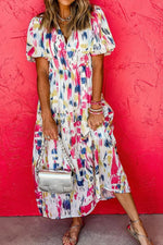 Abstract Print Short Puff Sleeve Tiered Maxi Dress - Shopimist