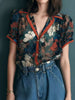 Vintage Floral Print V-Neck Blouse with Contrast Trim test
