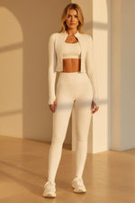Women's High-Waist 3-Piece Athletic Set – Long Sleeve Jacket, Sports Bra & Leggings
