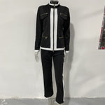 Women's Gold-Zip Contrast Trim Tracksuit Set – Fitted Jacket & Slim Flare Pants