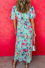 Abstract Print Short Puff Sleeve Tiered Maxi Dress - Shopimist