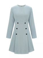 Light blue long sleeve dress with black buttons, trendy women's fashion at Shopimist