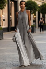 Off-Shoulder Color-Block Flared Maxi Dress with Pockets