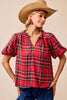 BiBi Christmas Plaid Short Sleeves Ruffled Blouse