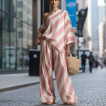 Women's Retro Striped Batwing Top & Wide-Leg Pants Two-Piece Set