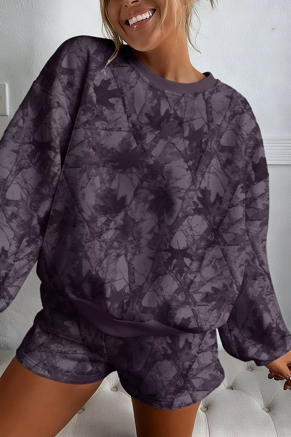 Abstract Woodland Camo Print Baggy Pullover Drawstring Shorts Set - Shopimist