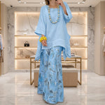 Women's Solid Linen-Style Tunic Top & Watercolor Floral Wide-Leg Pants Set