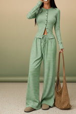 Women's Stripe Fitted Button-Front Crop Top & Drawstring Wide-Leg Pants Set