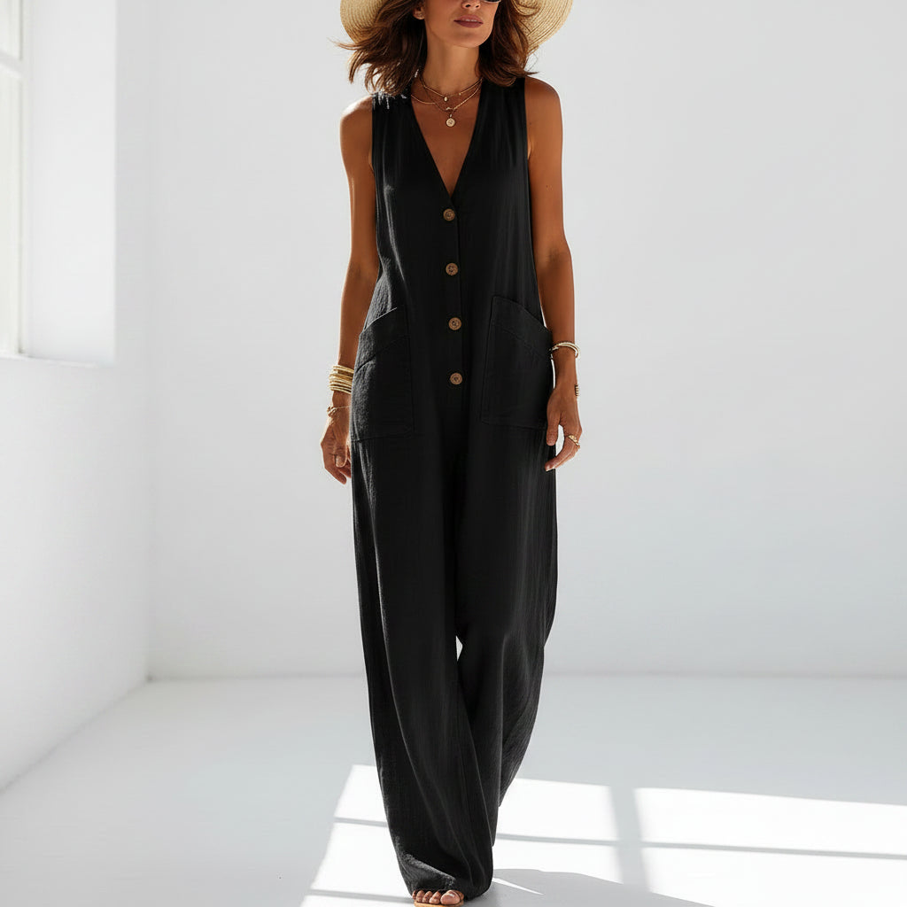 Women's Sleeveless Wide-Leg Jumpsuit with Button Pockets