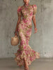 Floral Print High-Neck Puff Sleeve Ruffle Hem Maxi Dress test