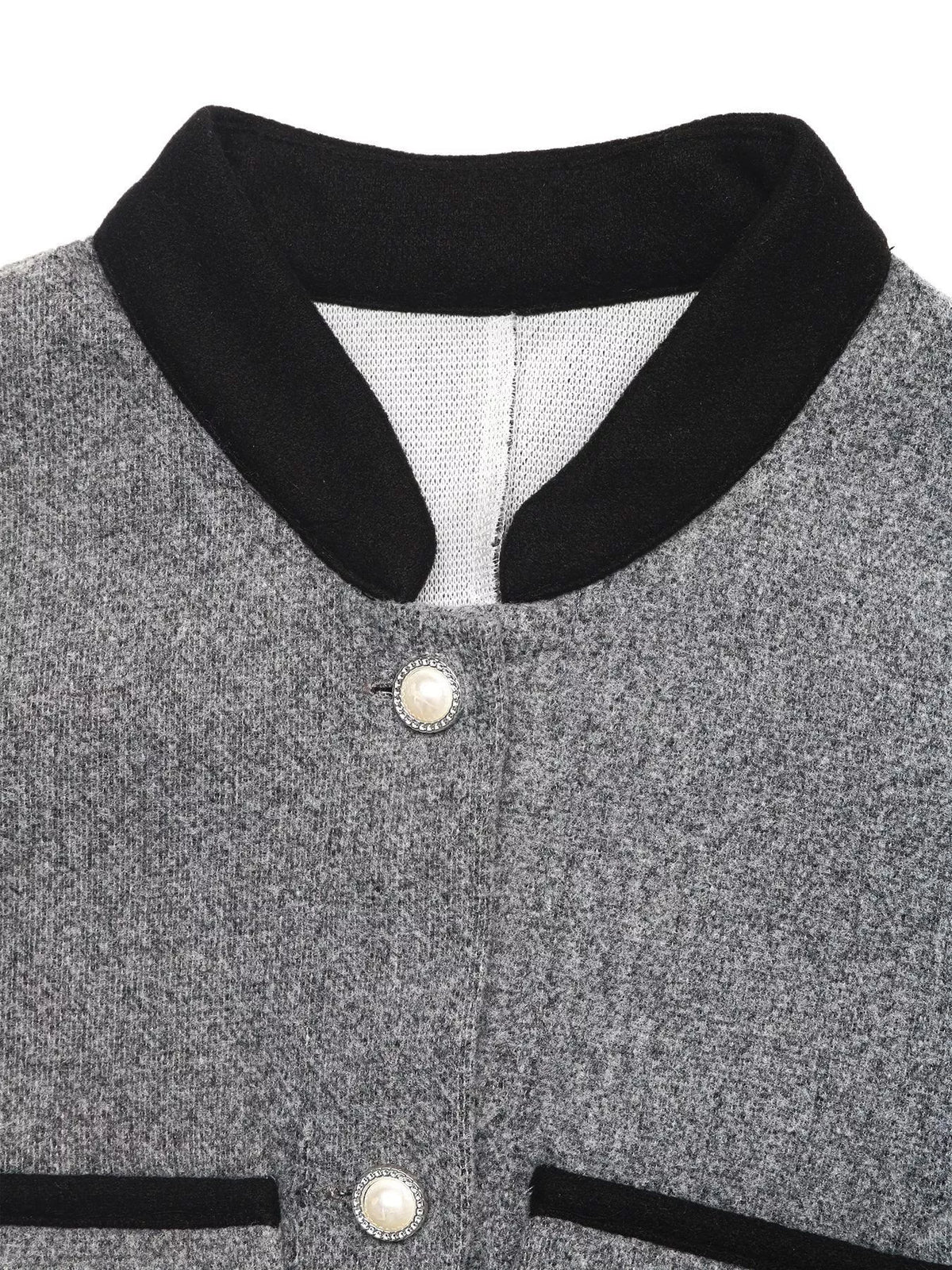 Gray wool coat with black collar and pearl buttons, trendy women's fashion at Shopimist