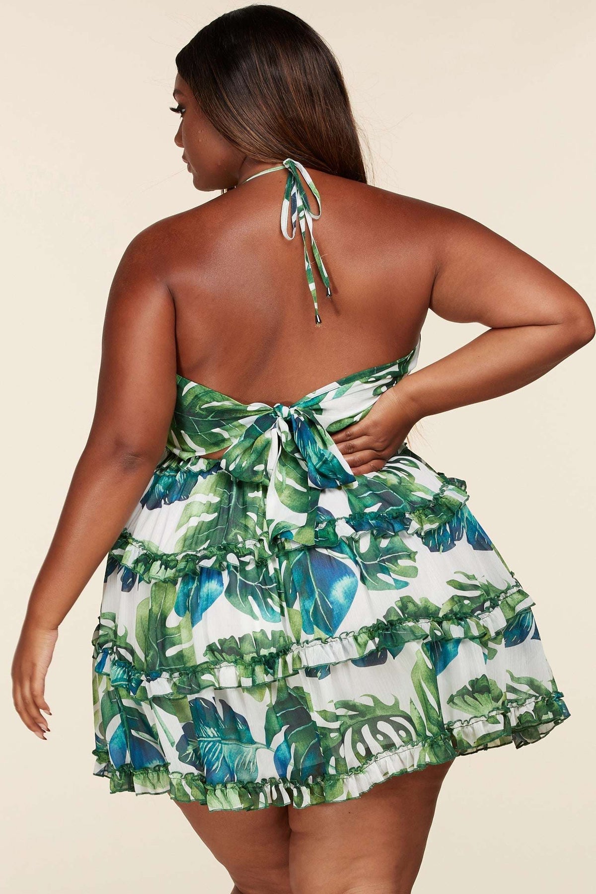 Fasheabe Leaf Print O-ring Mini Dress - Plus Size